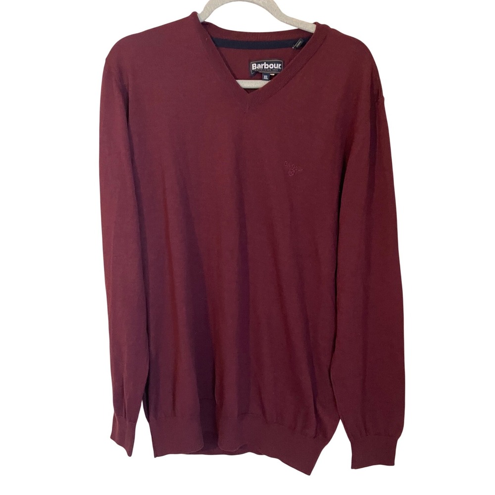 Barbour Mens XXL 100% Wool Lightweight V-Neck Sweater Burgundy